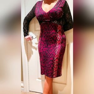 Never-worn, VENUS sz6, bodycon cherry/black leopard print lace long sleeve dress